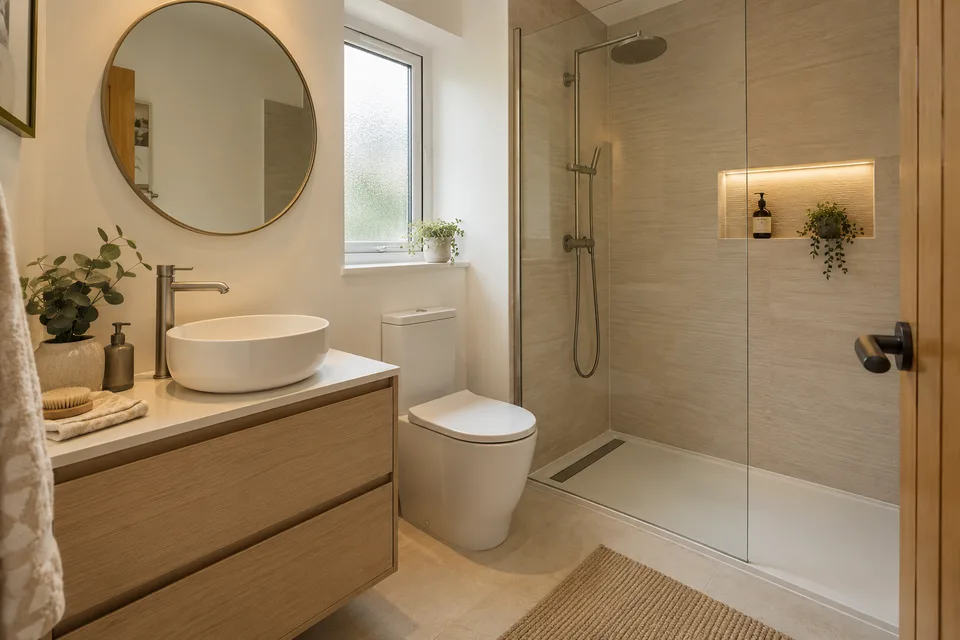 Modern bathroom with coordinated fittings, practical storage and a shower